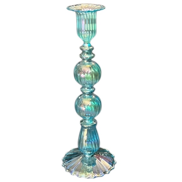 LARGE EGYPTIAN REVIVAL CANDLESTICK LIGHT BLUE SHINY / LiIGHT GLASS - Picture 2 of 11